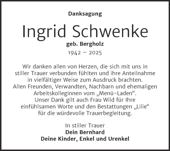 Traueranzeige von Ingrid Schwenke von Trauerkombi Dessau