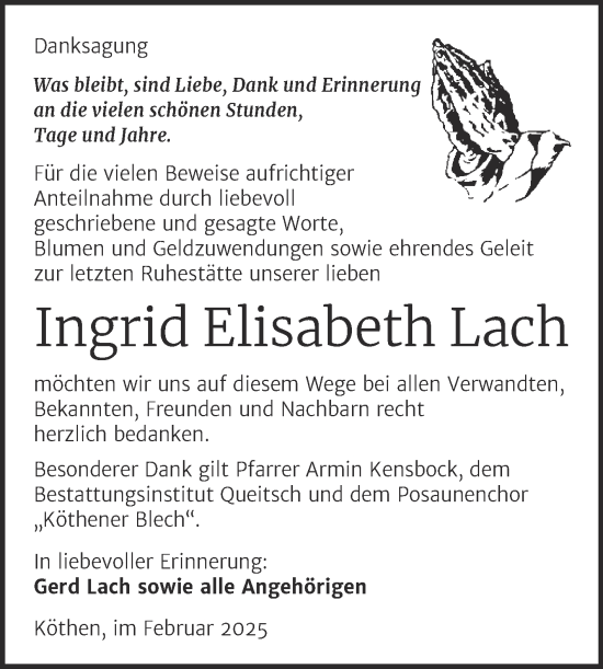 Traueranzeige von Ingrid Elisabeth Lach von Trauerkombi Köthen
