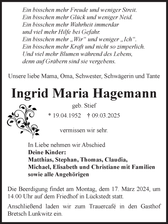 Traueranzeige von Ingrid Maria Hagemann von Volksstimme Altmark Ost