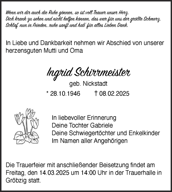 Traueranzeige von Inid Schirrmeister von Trauerkombi Köthen