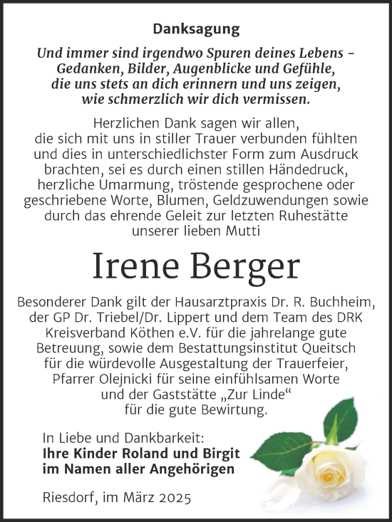 Traueranzeige von Irene Berger von Trauerkombi Köthen