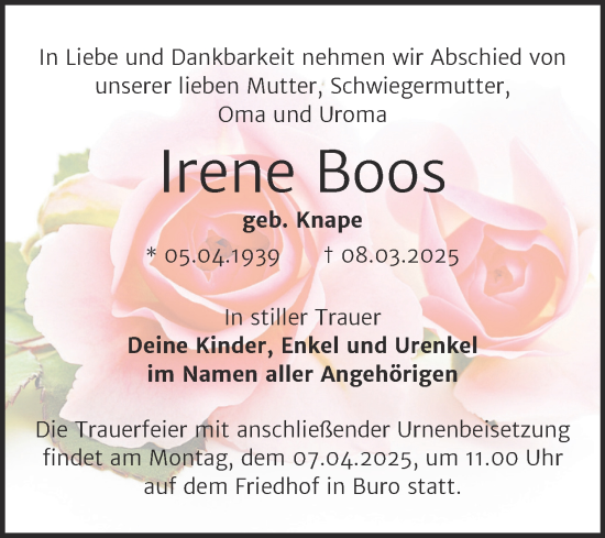 Traueranzeige von Irene Boos von Trauerkombi Wittenberg