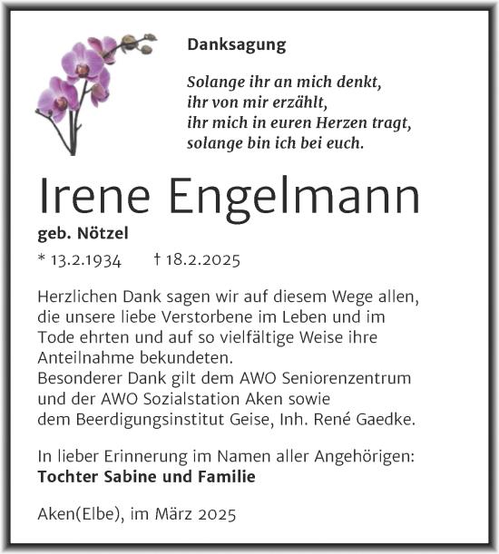 Traueranzeige von Irene Engelmann von Trauerkombi Köthen