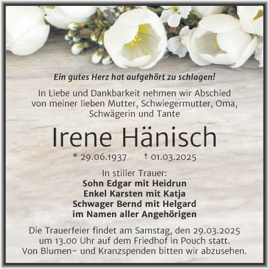 Traueranzeige von Irene Hänisch von Trauerkombi Bitterfeld