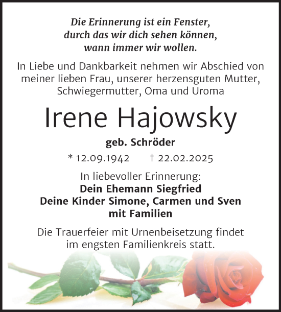Traueranzeige von Irene Hajowsky von Trauerkombi Dessau