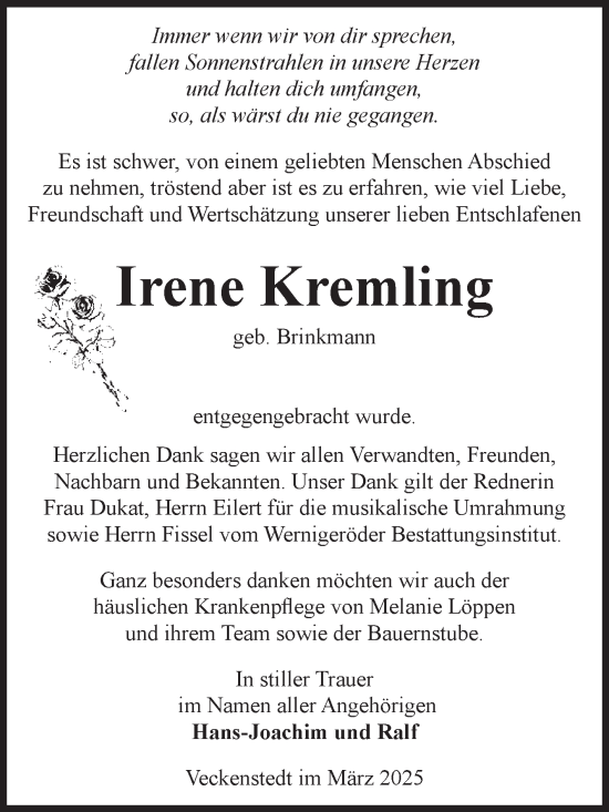 Traueranzeige von Irene Kremling von Volksstimme Wernigerode