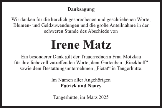 Traueranzeige von Irene Matz von Volksstimme Altmark Ost