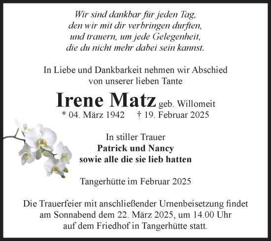 Traueranzeige von Irene Matz von Volksstimme Altmark Ost