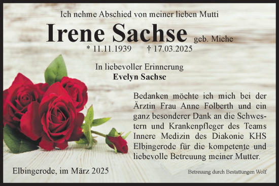 Traueranzeige von Irene Sachse von Volksstimme Wernigerode