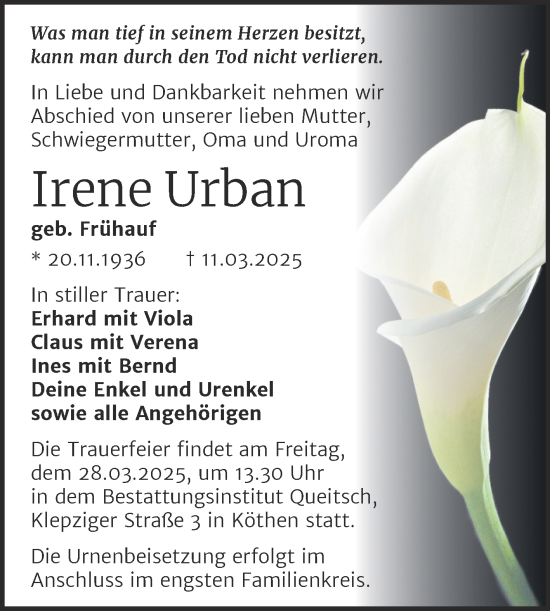 Traueranzeige von Irene Urban von Trauerkombi Köthen