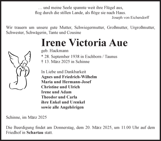 Traueranzeige von Irene Victoria Aue von Volksstimme Altmark Ost