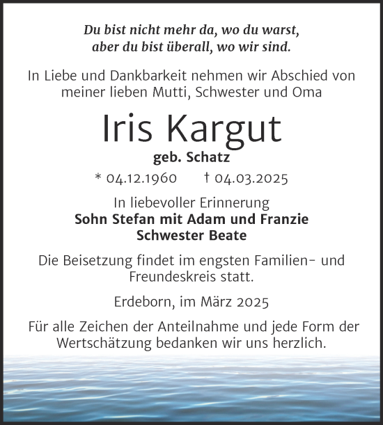 Traueranzeige von Iris Kargut von Trauerkombi Mansfelder Land