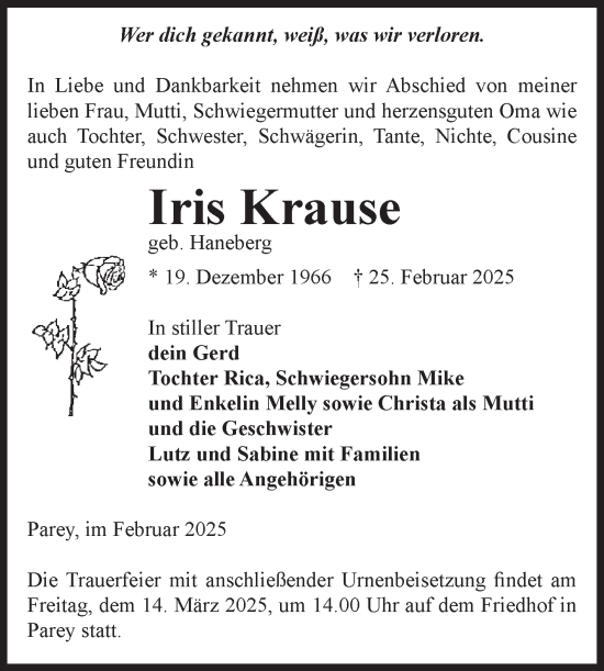 Traueranzeige von Iris Krause von Volksstimme Burg/Genthin