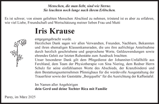 Traueranzeige von Iris Krause von Volksstimme Burg/Genthin