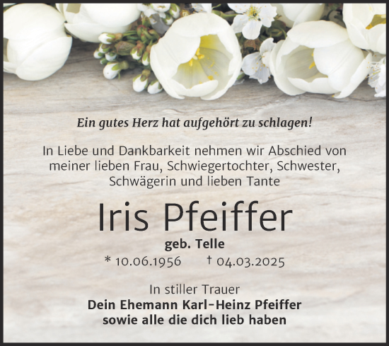 Traueranzeige von Iris Pfeiffer von Trauerkombi Mansfelder Land