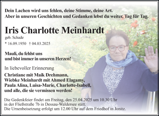 Traueranzeige von Iris Charlotte Meinhardt von Trauerkombi Dessau