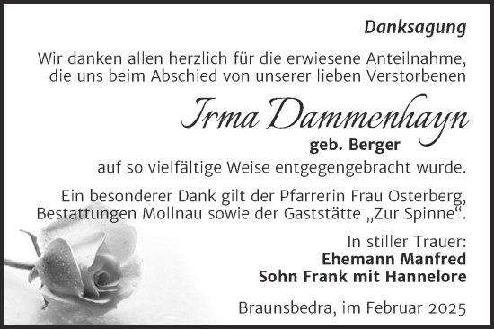 Traueranzeige von Irma Dammenhayn von Trauerkombi Merseburg