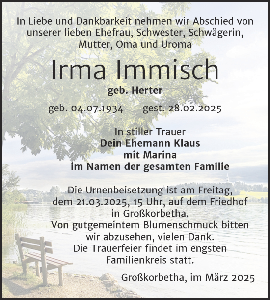 Traueranzeige von Irma Immisch von Trauerkombi Weißenfels