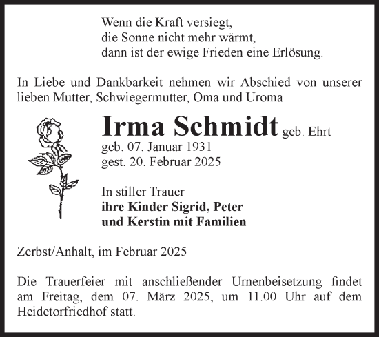 Traueranzeige von Irma Schmidt von Volksstimme Zerbst