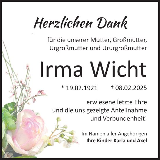 Traueranzeige von Irma Wicht von Mitteldeutsche Zeitung Mansfelder Land