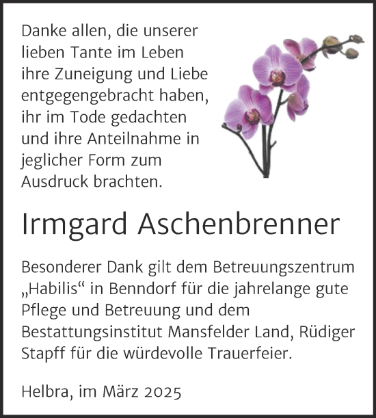 Traueranzeige von Irmgard Aschenbrenner von Mitteldeutsche Zeitung Mansfelder Land