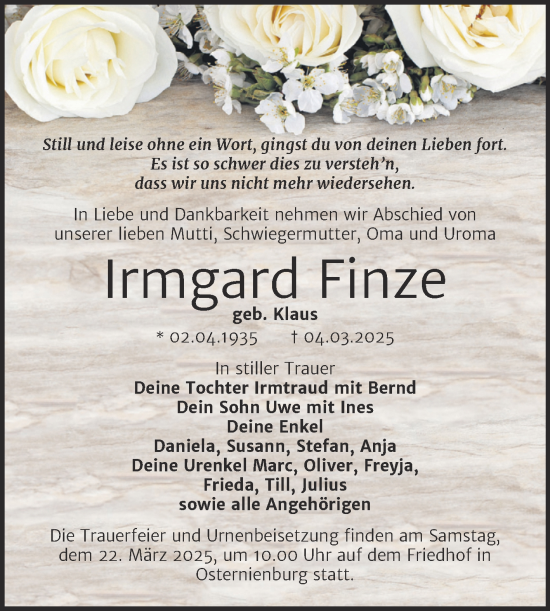 Traueranzeige von Irmgard Finze von Trauerkombi Köthen