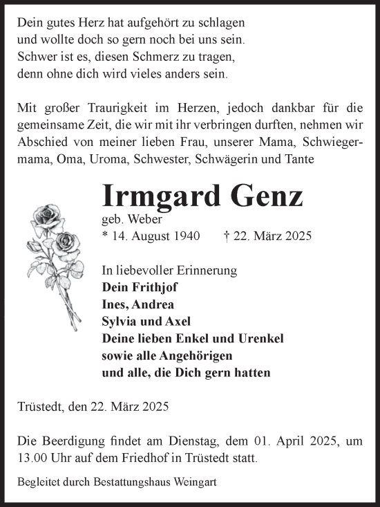 Traueranzeige von Irmgard Genz von Volksstimme Altmark West
