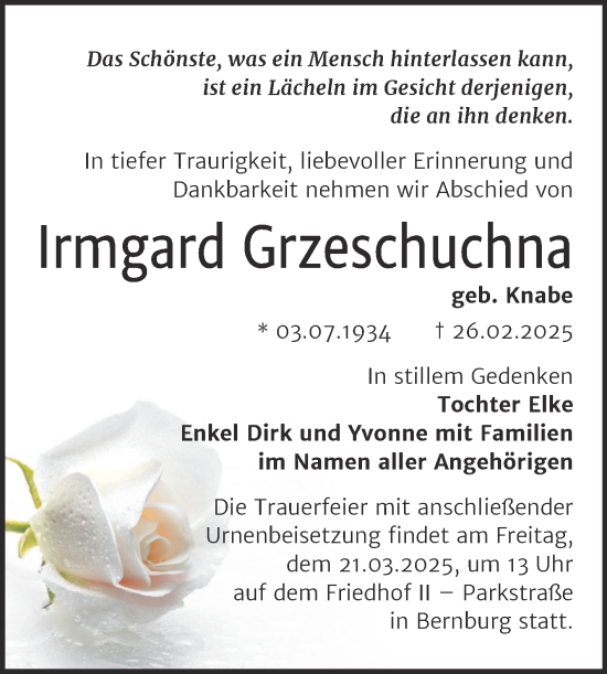 Traueranzeige von Irmgard Grzeschuchna von Trauerkombi Bernburg