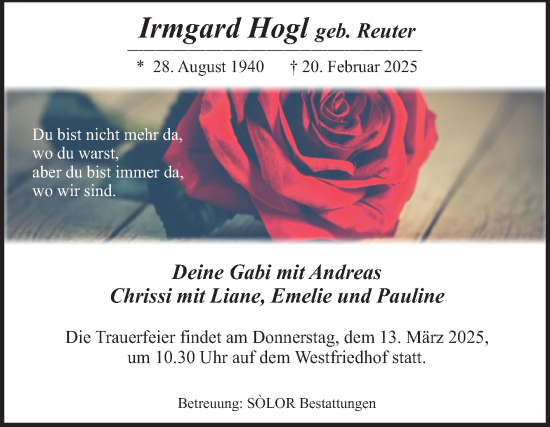 Traueranzeige von Irmgard Hogl von Volksstimme Magdeburg