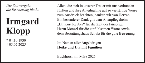 Traueranzeige von Irmgard Klopp von Volksstimme Altmark West