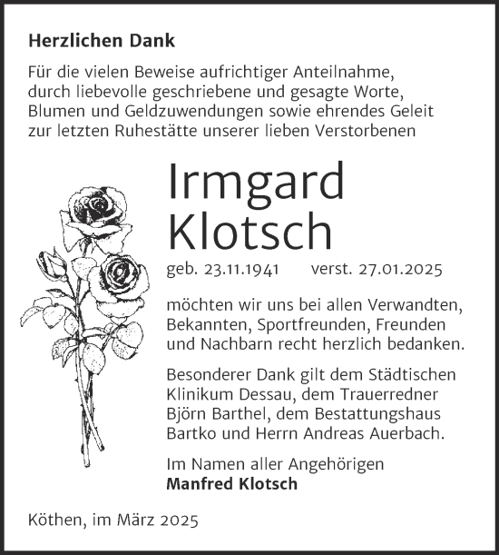 Traueranzeige von Irmgard Klotsch von Trauerkombi Köthen