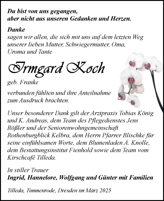 Traueranzeige von Irmgard Koch von Trauerkombi Sangerhausen