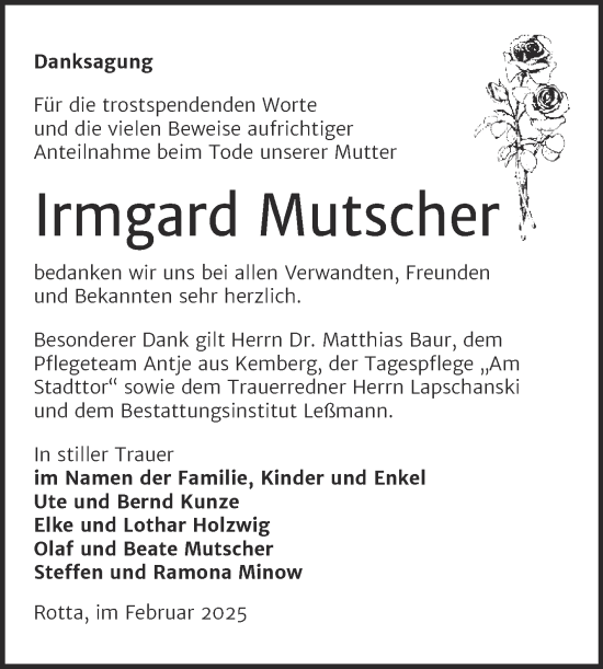 Traueranzeige von Irmgard Mutscher von Trauerkombi Wittenberg