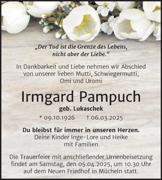 Traueranzeige von Irmgard Pampuch von Trauerkombi Merseburg