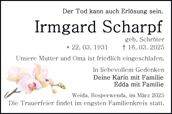 Traueranzeige von Irmgard Scharpf von Trauerkombi Sangerhausen