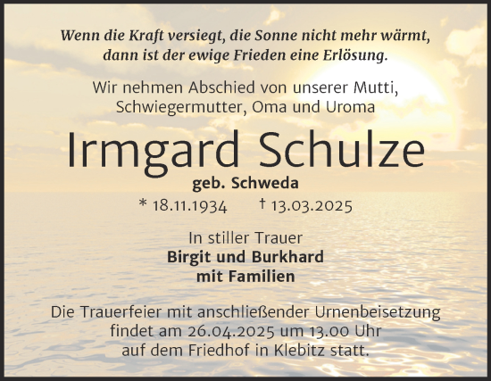 Traueranzeige von Irmgard Schulze von Trauerkombi Wittenberg