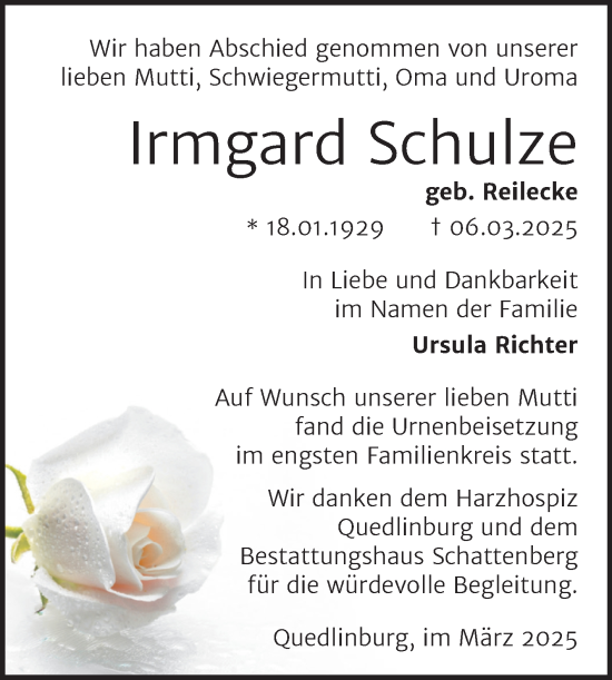 Traueranzeige von Irmgard Schulze von Trauerkombi Quedlinburg