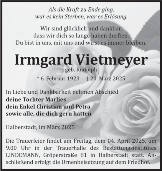 Traueranzeige von Irmgard Vietmeyer von Volksstimme Halberstadt