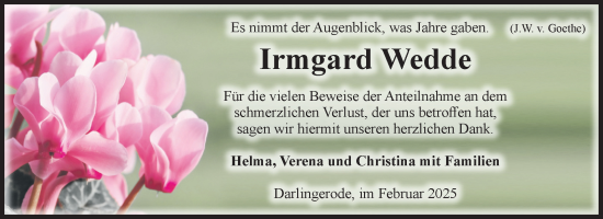 Traueranzeige von Irmgard Wedde von Volksstimme Wernigerode