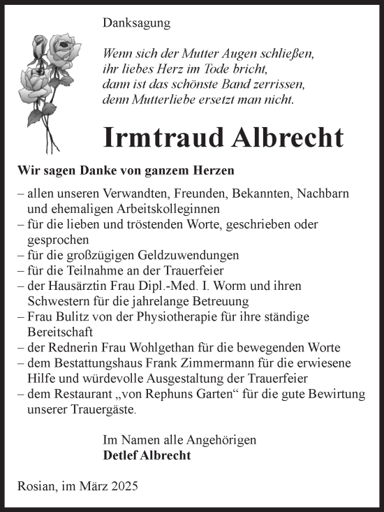 Traueranzeige von Irmtraud Albrecht von Volksstimme Zerbst