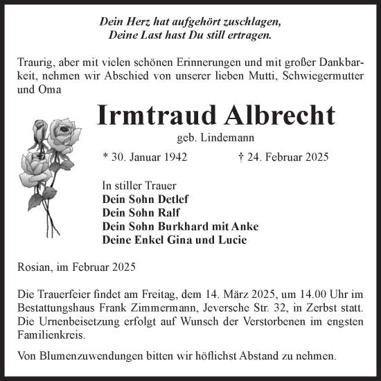 Traueranzeige von Irmtraud Albrecht von Volksstimme Zerbst