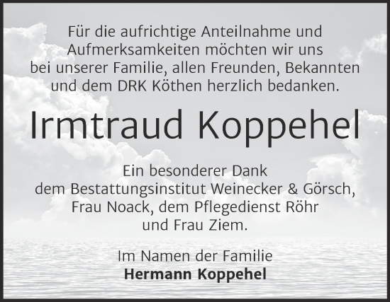 Traueranzeige von Irmtraud Koppehel von Trauerkombi Bernburg