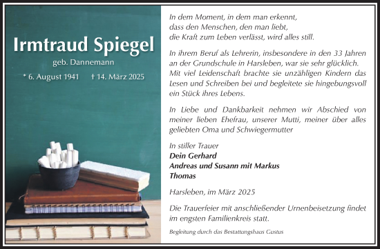 Traueranzeige von Irmtraud Spiegel von Volksstimme Halberstadt