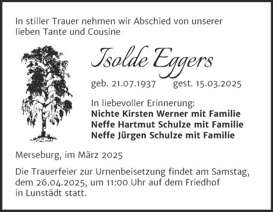 Traueranzeige von Isolde Eggers von Trauerkombi Merseburg