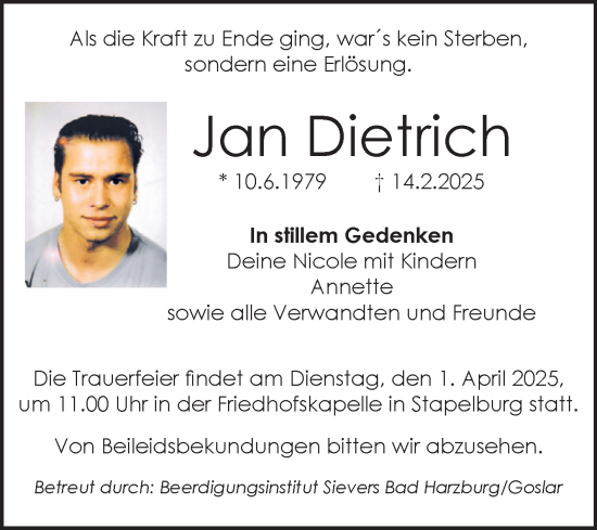 Traueranzeige von Jan Dietrich von Volksstimme Wernigerode