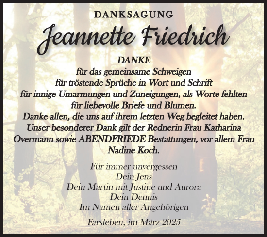 Traueranzeige von Jeannette Friedrich von Volksstimme Haldensleben/Wolmirstedt