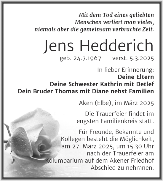 Traueranzeige von Jens Hedderich von Trauerkombi Köthen
