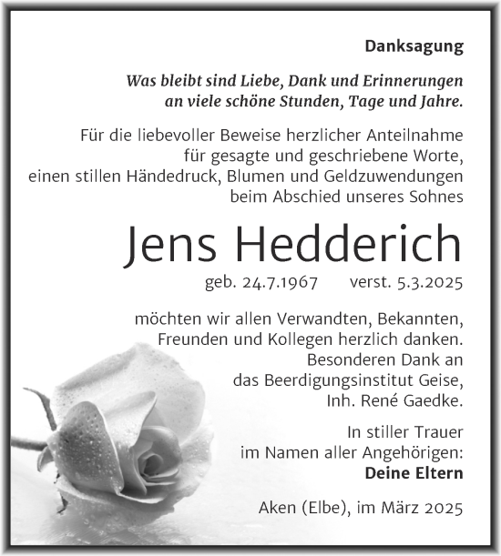 Traueranzeige von Jens Hedderich von Trauerkombi Köthen