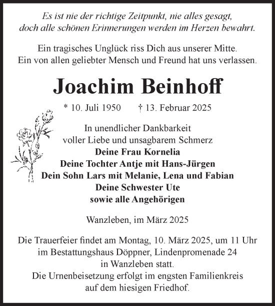 Traueranzeige von Joachim Beinhoff von Volksstimme Oschersleben/Wanzleben