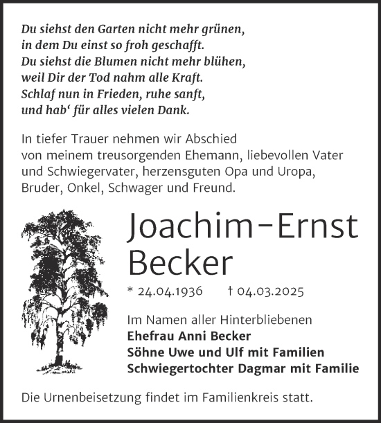 Traueranzeige von Joachim-Ernst Becker von Trauerkombi Bernburg
